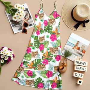 Custom Cat Photo Tropical Hawaii Style Personalized Women's V-Neck Cami Maxi Dress For Summer Holiday CH07 895674
