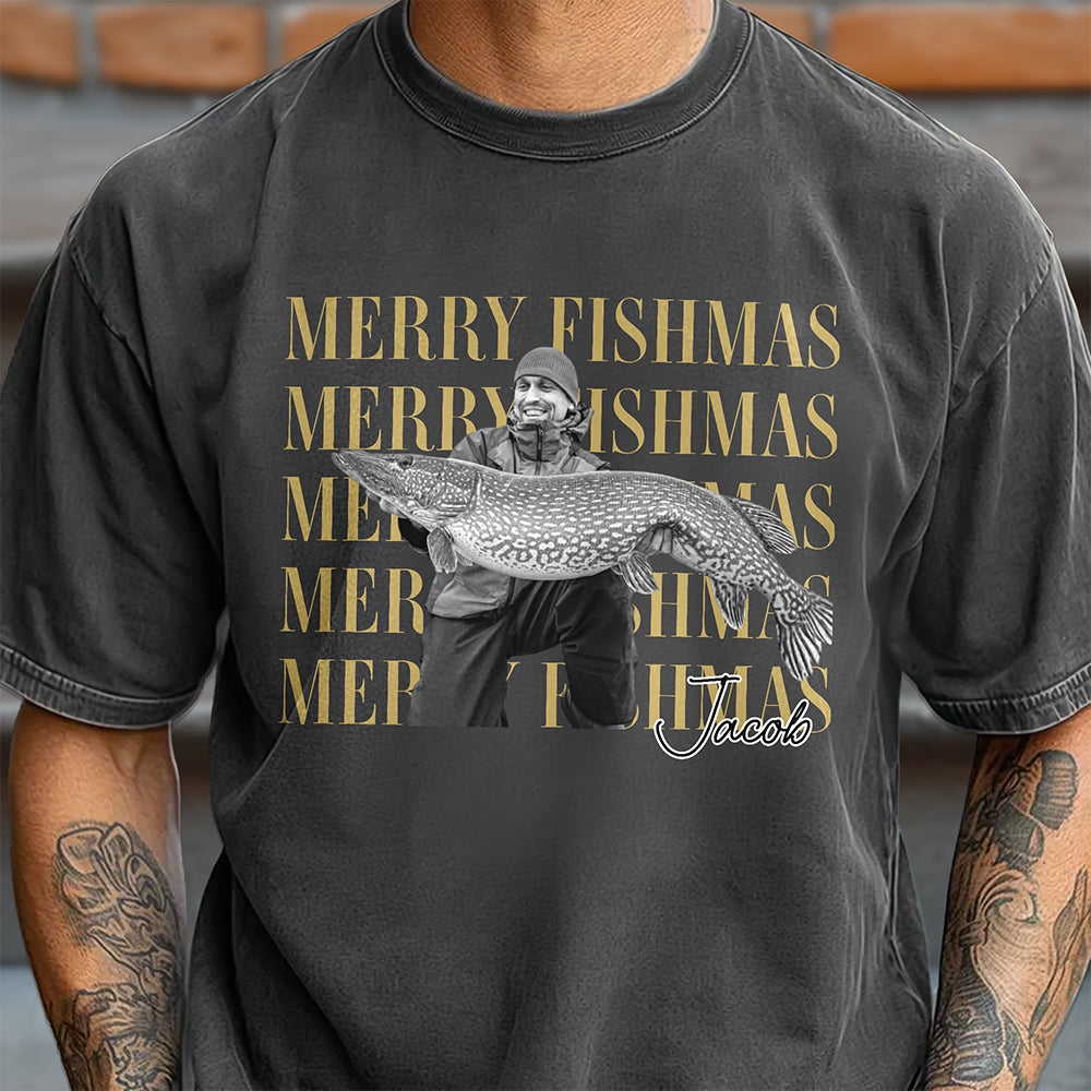 Personalized Vintage Photo Merry Fishmas Comfort Shirt Gift For Fishing Lovers HA75 922116