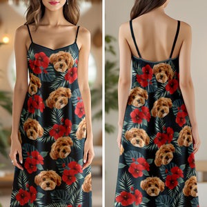 Custom Dog Photo Tropical Women's V-Neck Cami Maxi Dress HA75 892234