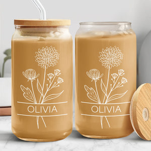 Custom Name With Birth Flower Engraved Glass Can With Lid HO82 894368