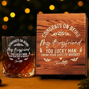 Congrats On Being My Boyfriend Couple Personalized Engraved Whiskey Glass Set with Wooden Box HA75 898034
