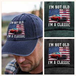 Custom Car Photo I'm Not Old Classic Car American Flag Washed Denim Baseball Cap CH07 896428
