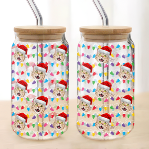 Custom Photo Dog Cat With Colorful Christmas Lights Glass Can With Lid For Dog Cat Lovers HA75 898328
