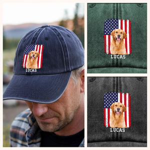 Custom Photo Dog With America Flag July 4th Washed Denim Baseball Cap TH10 894113