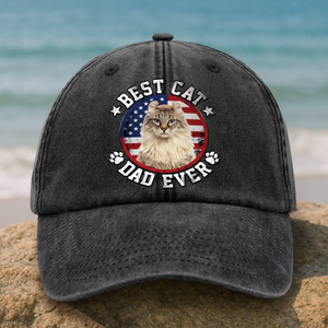 Custom Photo Best Dog Dad Ever With US Flag Washed Denim Baseball Cap HA75 892478