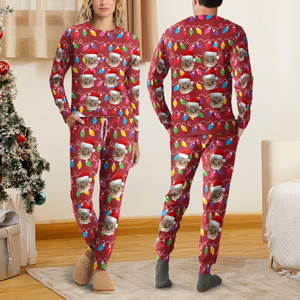 Custom Photo Cat With Colorful Christmas Lights Sleepwear HO82 900030