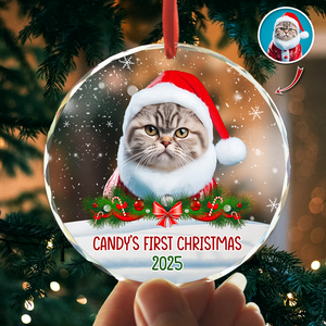Custom Photo Cat First Christmas Glass Ornament HA75 897260