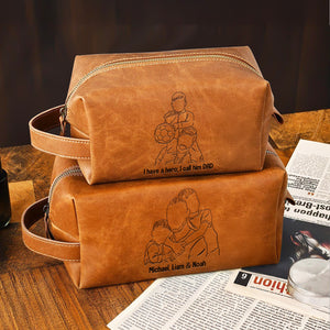 Custom Dad And Kids Photo Drawing Style Engraved Men's Leather Toiletry Bag HO82 894224