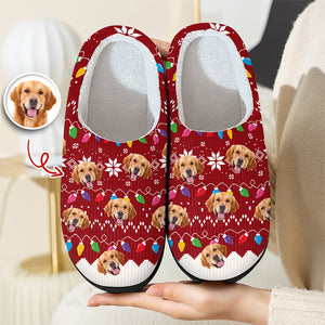 Custom Dog Faces Funny Christmas Lights Plush Slippers HO82 900156