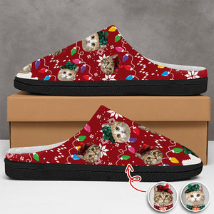 Custom Cat Faces Funny Christmas Lights Plush Slippers Gift For Cat Lovers HO82 900158