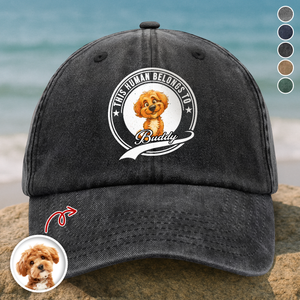 Custom Photo This Human Belongs To Dog Cat With Funny Caricature Style Washed Denim Baseball Cap For Dog And Cat Lovers HO82 894506