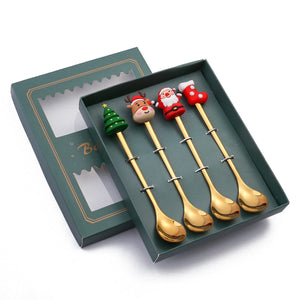 GeckoCustom 6/4/2PCS Christmas Gift Glod Spoon Fork Set Elk Christmas Tree Decoration Dessert Scoop Fruit Fork Coffee Spoon Cutlery Set 4PCS-Gold-B2