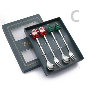 GeckoCustom 6/4/2PCS Christmas Gift Glod Spoon Fork Set Elk Christmas Tree Decoration Dessert Scoop Fruit Fork Coffee Spoon Cutlery Set 4PCS-Silver-B4