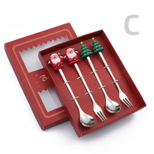 GeckoCustom 6/4/2PCS Christmas Gift Glod Spoon Fork Set Elk Christmas Tree Decoration Dessert Scoop Fruit Fork Coffee Spoon Cutlery Set 4PCS-Silver-A4