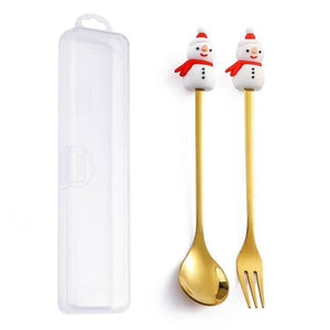 GeckoCustom 6/4/2PCS Christmas Gift Glod Spoon Fork Set Elk Christmas Tree Decoration Dessert Scoop Fruit Fork Coffee Spoon Cutlery Set 2PCS-Gold-E6