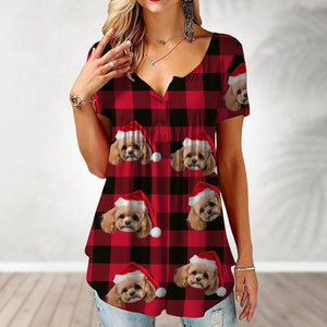 GeckoCustom Custom Cat Photo Christmas Pajamas Women V Neck Blouse Shirt TH10 892033