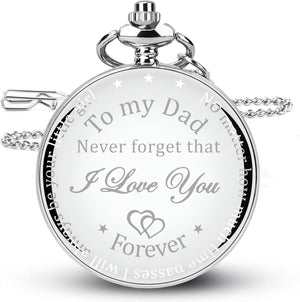 GeckoCustom Fathers Day Dad Gifts from Daughter Son, Birthday Gifts for Dad Grandpa Husband Step Dad Personalized Pocket Watch with Chain Silver