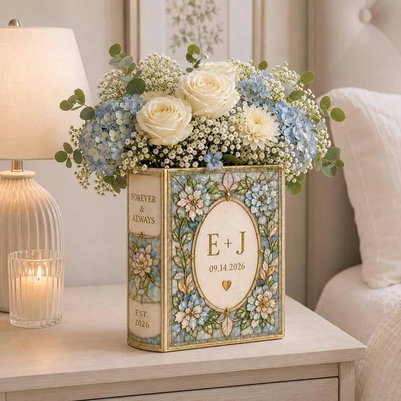 Personalized Stained Glass Effect Ceramic Book Vase, Custom Wedding Flower Vase, Couple Initials Gift HO82 903454