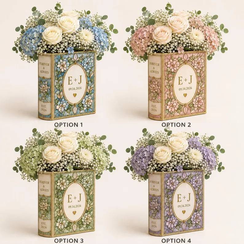 Personalized Stained Glass Effect Ceramic Book Vase, Custom Wedding Flower Vase, Couple Initials Gift HO82 903454