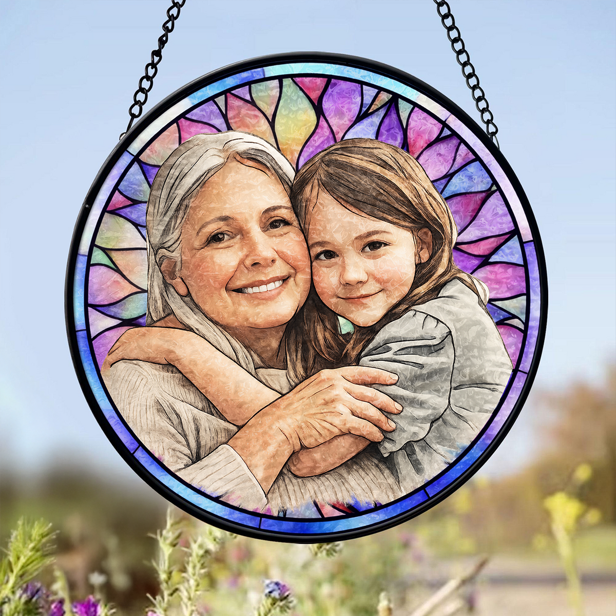 Custom Potrait Photo Grandparents With Kid Family Stained Glass Suncatcher, Mother's Day Gift LM32 899257