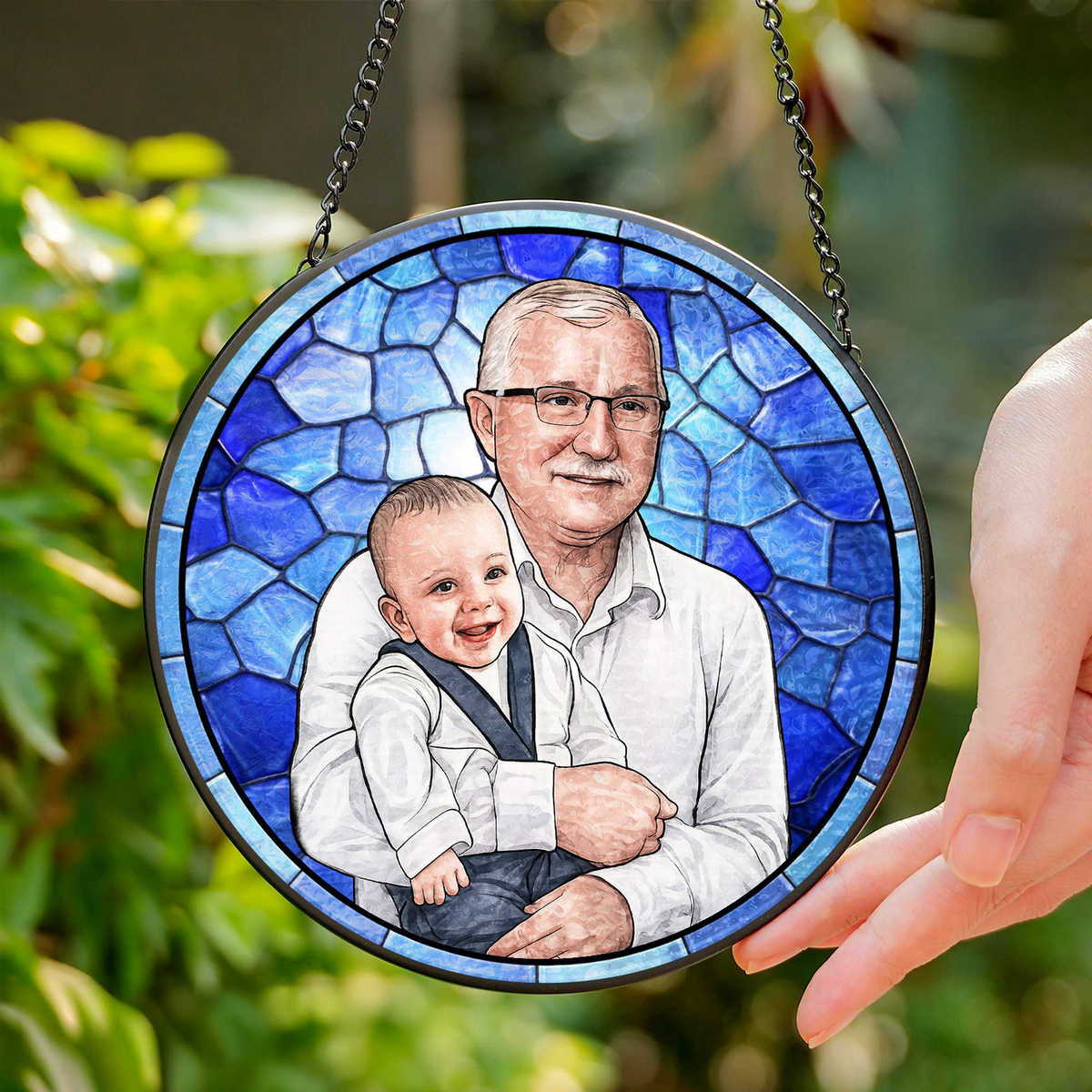 Custom Potrait Photo Grandparents With Kid Family Stained Glass Suncatcher, Mother's Day Gift LM32 899257