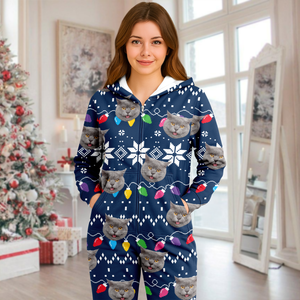 Custom Cat Face Funny Christmas Lights Onesie Pajamas HO82 900392