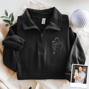 Custom Dad And Kids Portrait Photo Drawing Style Family Embroidered Quarter Zip Sweatshirt, Gifts for Dad, Birthday, Father's Day HO82 900772