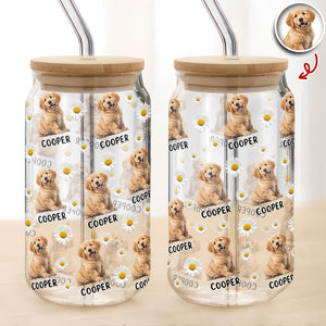 Custom Dog Photo And Name Daisy Glass Can With Lid Gift TH10 896787