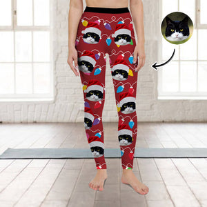 Custom Cat Face Photo With Colorful Christmas Lights Legging HO82 900478