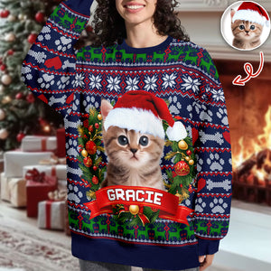 Custom Cat Photo With Christmas Wreath Ugly Sweater TH10 896275