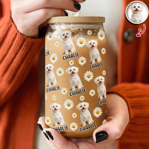 Custom Dog Photo And Name Daisy Glass Can With Lid Gift TH10 896787