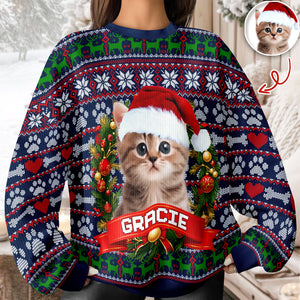Custom Cat Photo With Christmas Wreath Ugly Sweater TH10 896275