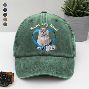 Custom Cat Photo Forever In My Heart Memorial Washed Denim Baseball Cap HA75 897224
