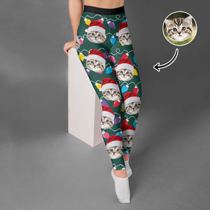 Custom Cat Face Photo With Colorful Christmas Lights Legging HO82 900478