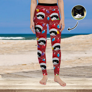 Custom Cat Face Photo With Colorful Christmas Lights Legging HO82 900478