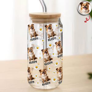 Custom Dog Photo And Name Daisy Glass Can With Lid Gift TH10 896787