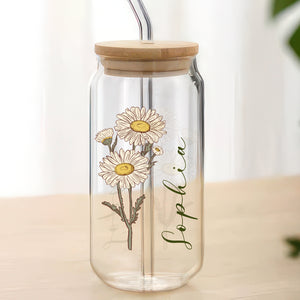 Custom Name With Floral Glass Can With Lid Personalized Gift HA75 892010