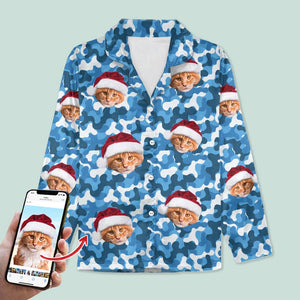 GeckoCustom Custom Cat Photo With Camo Background For Cat Lover Pajamas N304 HN590 For Kid / Only Shirt / 3XS