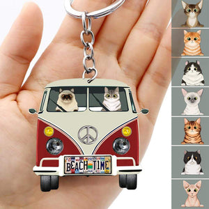 GeckoCustom License Plate Hippie Vintage Van Cat Camping Acrylic Keychain, Cat Lover Gift HN590