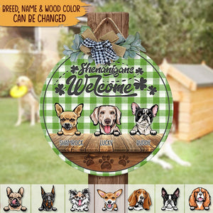 GeckoCustom Shenanigans Welcome Shamrock St.Patrick's Day Dog Wooden Door Sign With Wreath HN590