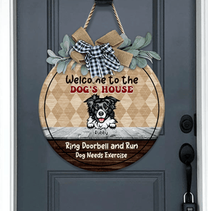 GeckoCustom Welcome Ring Doorbell & Run Dog Wooden Door Sign With Wreath, Dog Lover Gift, Dog Door Hanger HN590 12 Inch