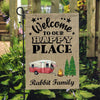 GeckoCustom Welcome To Our Happy Place Camping Flag With Motorhome & Name, Camping Gift HN590