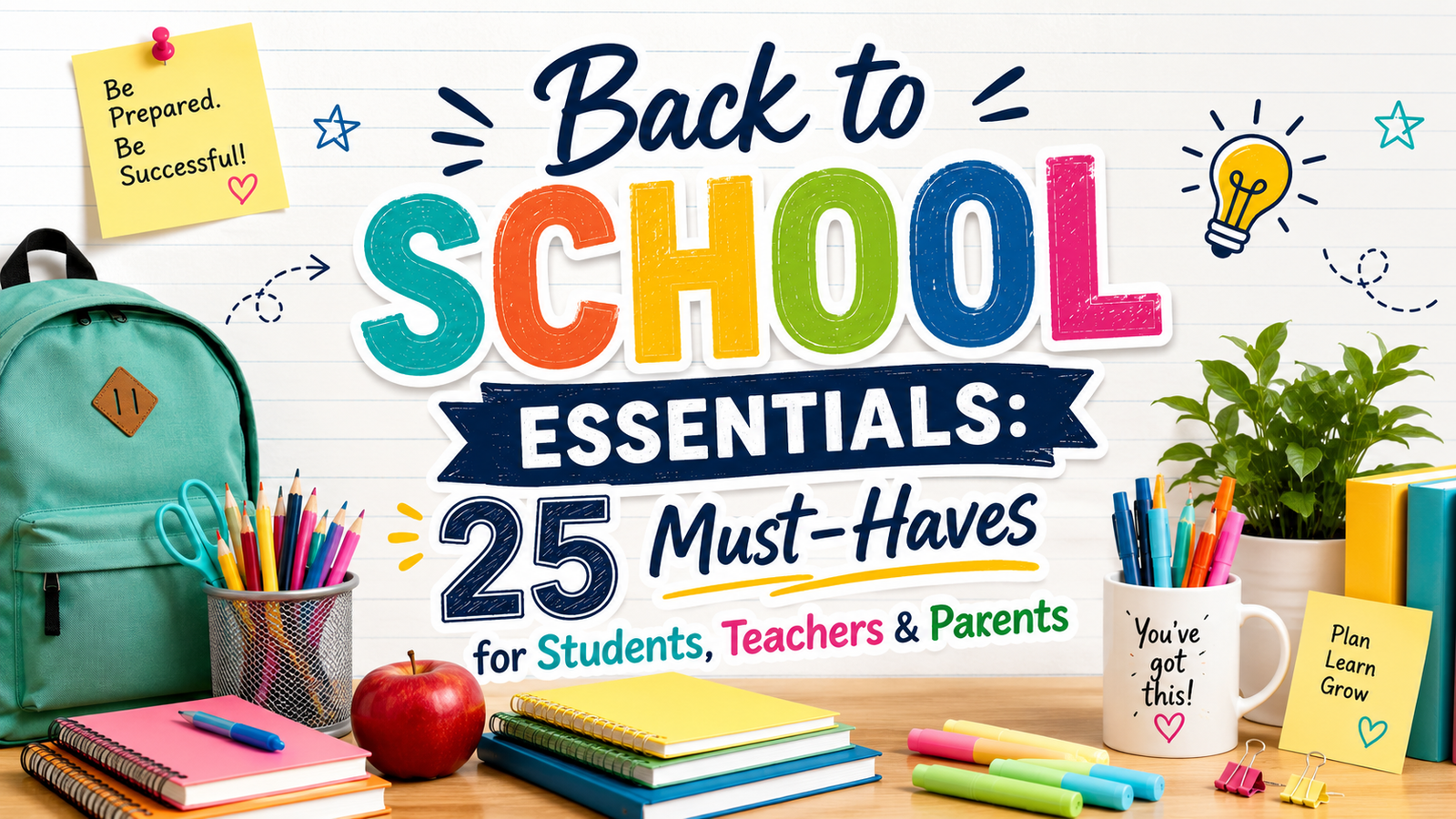 Back-to-school essentials featuring a backpack, notebooks, school supplies, and classroom accessories for students, teachers, and parents.