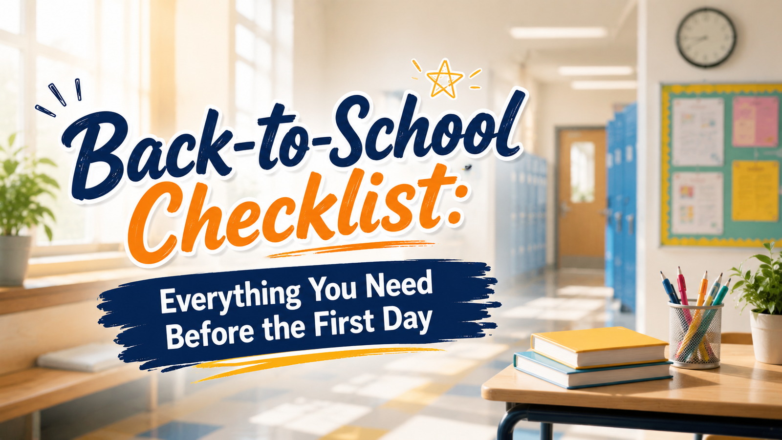 Back-to-school banner featuring a bright school hallway with blue lockers, classroom details, and large text reading “Back-to-School Checklist: Everything You Need Before the First Day.”