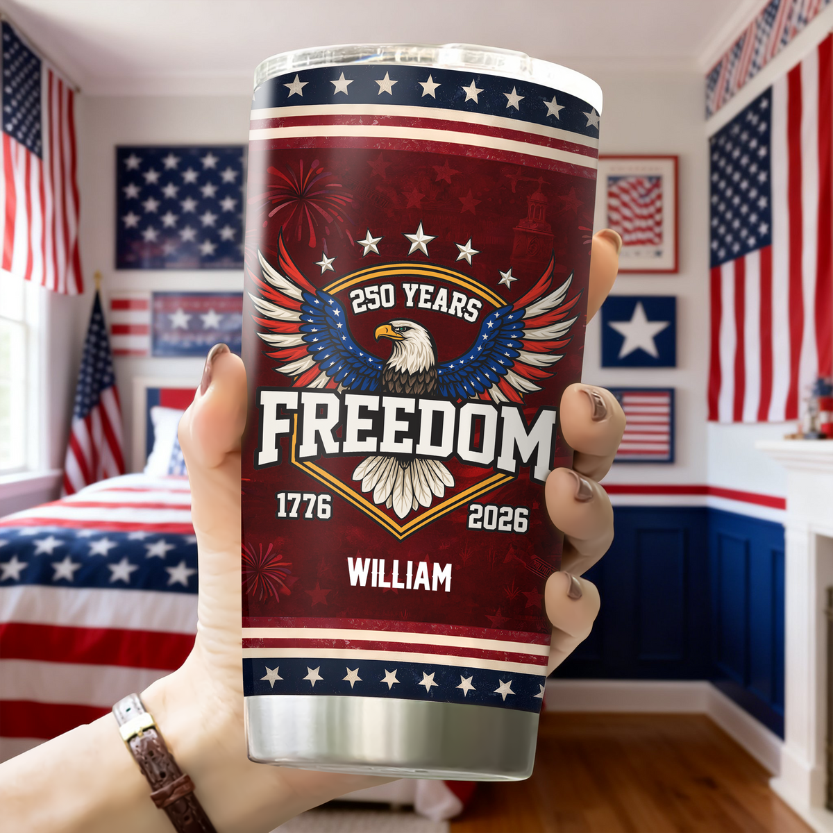 Custom Name 250 Years of Freedom America 1776–2026 Anniversary Fat Tumbler CH07 910552