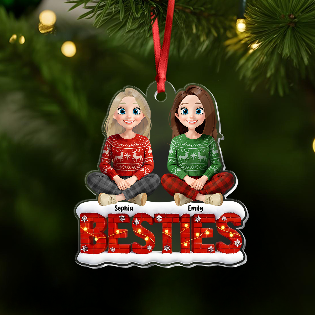 Snowy Brick Wall Besties Sisters Personalized Gift For Christmas Acrylic Ornament LM32 895947