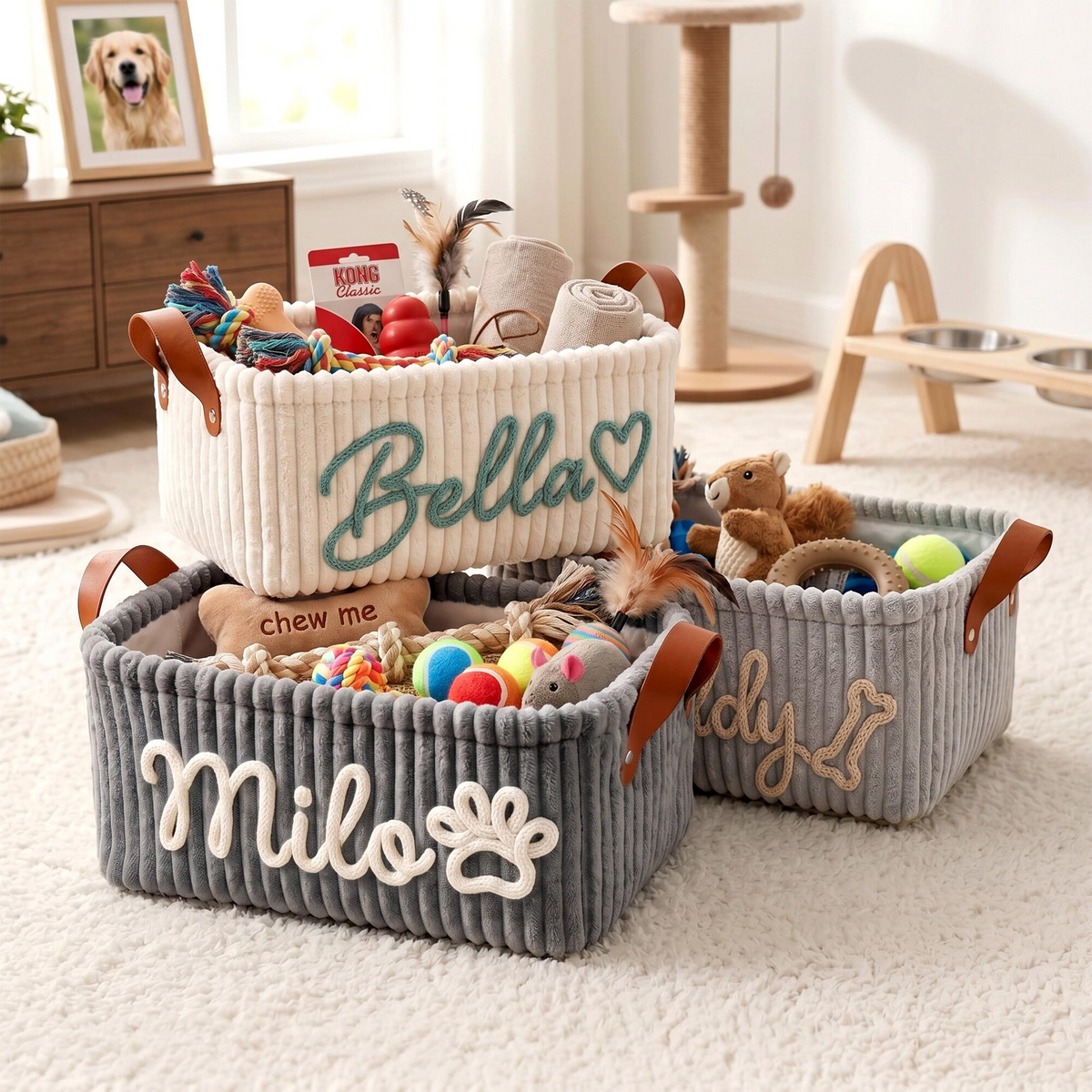 Personalized Dog Cat Pet Rectangle Toy Basket – Corduroy Pet Organizer with Name HA75 921704