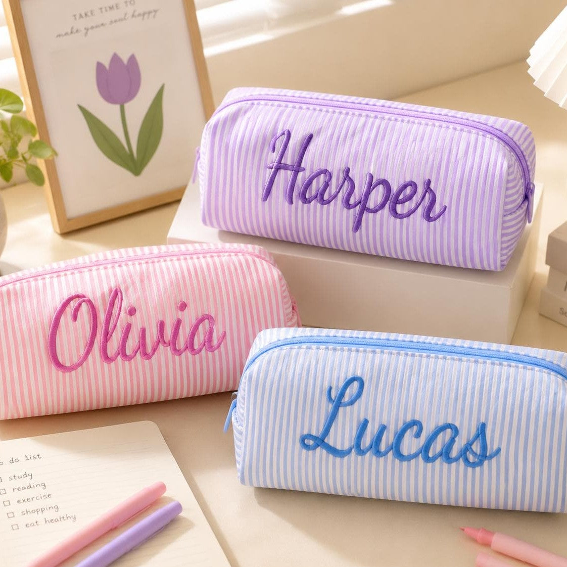 Custom Name Embroidered Seersucker Pencil Case, Back to School Gift, School Organizer LM32 669655