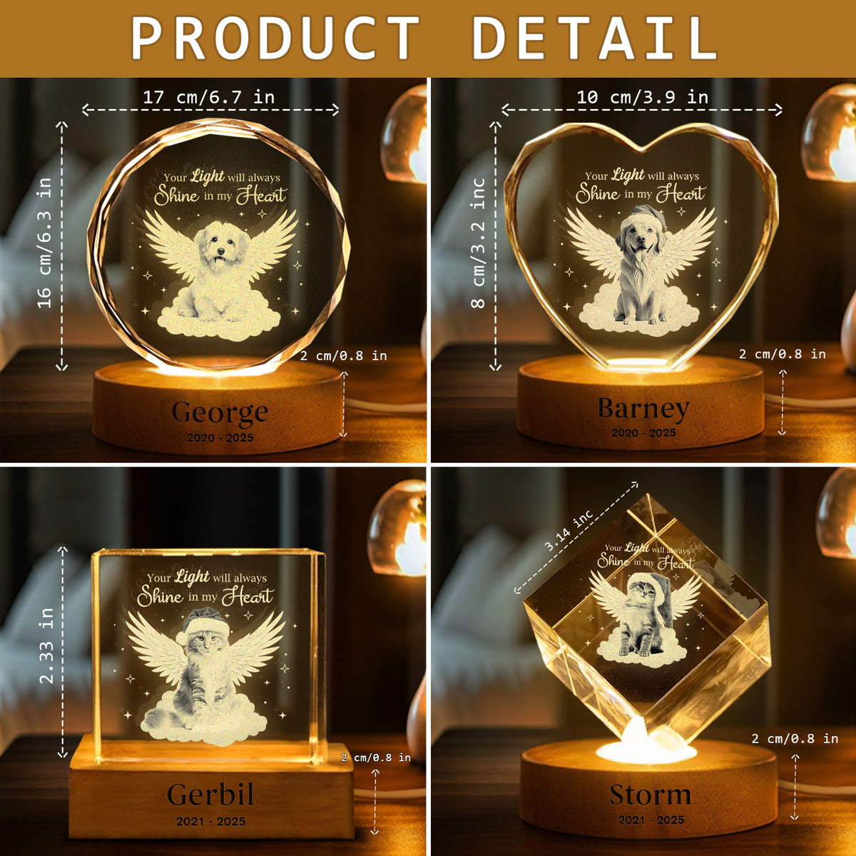 Custom Photo Dog Cat Pet Your Light Will Always Shine In My Heart Memorial Engraved Crystal Photo With Light HA75 898212