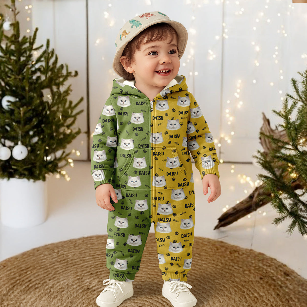 Custom Cat Face Photo Red Green Onesie Pajamas HO82 900384